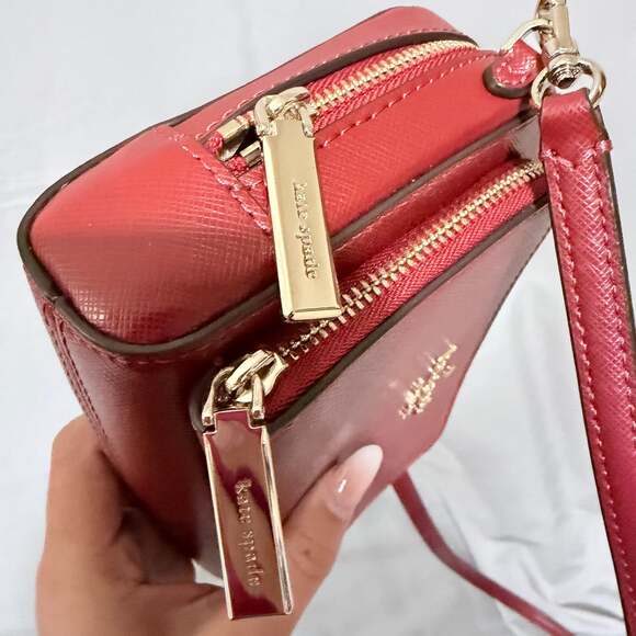 Kate Spade NY Staci Dual Zip Around Crossbody Bag Cherrywood Saffiano Leather - Picture 7 of 9